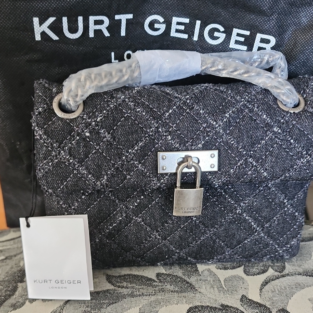 NWT Kurt Geiger Black Quilted Denim Satchel with Silver Padlock